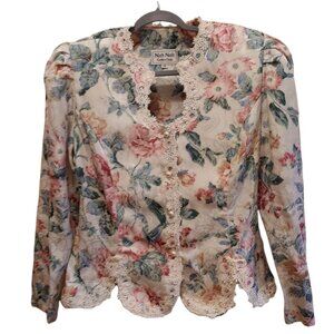 VTG Nah Nah Nah Blouse womens 18 Pastel Lace scalloped neck Floral Cottage Core